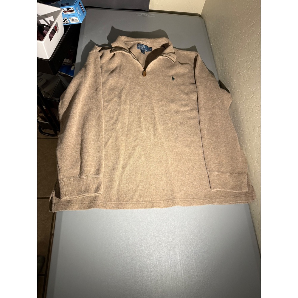 Polo Ralph Lauren Mens XXL Tan Heather Quarter Zip Cotton Pullover Sweater Pony